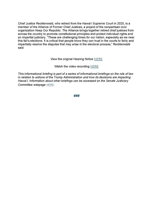 Image of page 2 of news release titled 'SENATE JUDICIARY COMMITTEE HEARS FROM RETIRED CHIEF JUSTICE MARK RECKTENWALD ON RULE OF LAW AND JUDICIAL INDEPENDENCE'